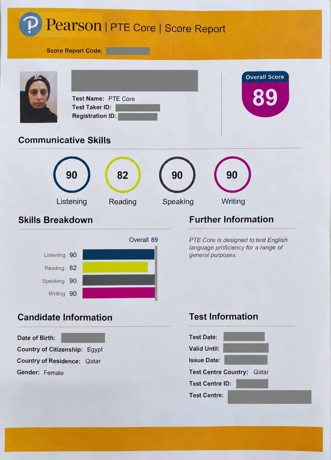 PTE Core Score Report
